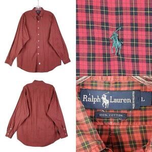 Polo Ralph Lauren Oxford Shirt Mens Size Large L Flannel Button Down Red Plaid